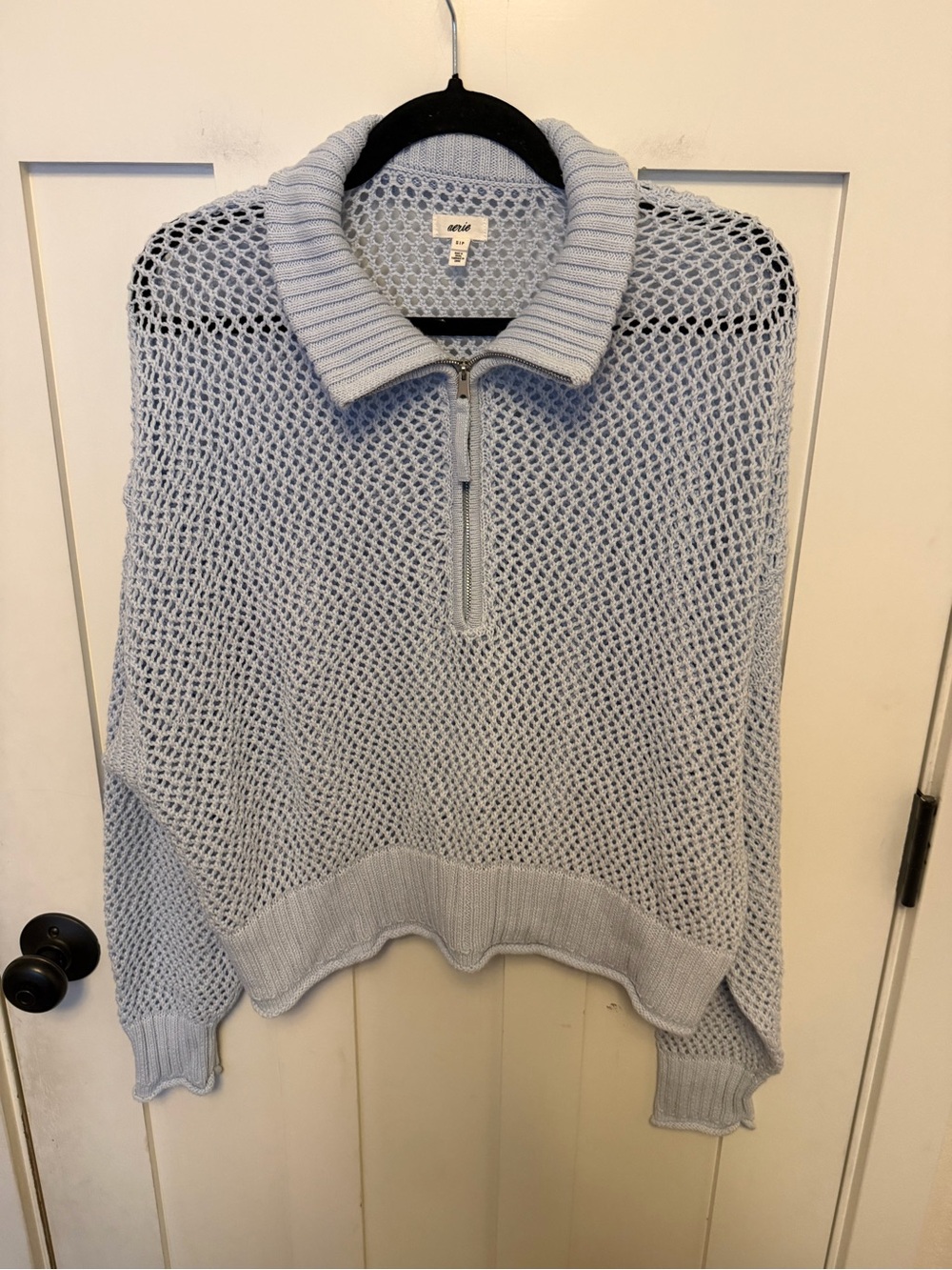 Aerie Open knit crochet collared quarter Zip sweater baby blue Small 100% Cotton
